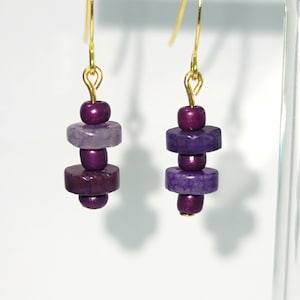Amethyst & Purple Glass Dangle Earrings: 18k Gold Plated Hooks