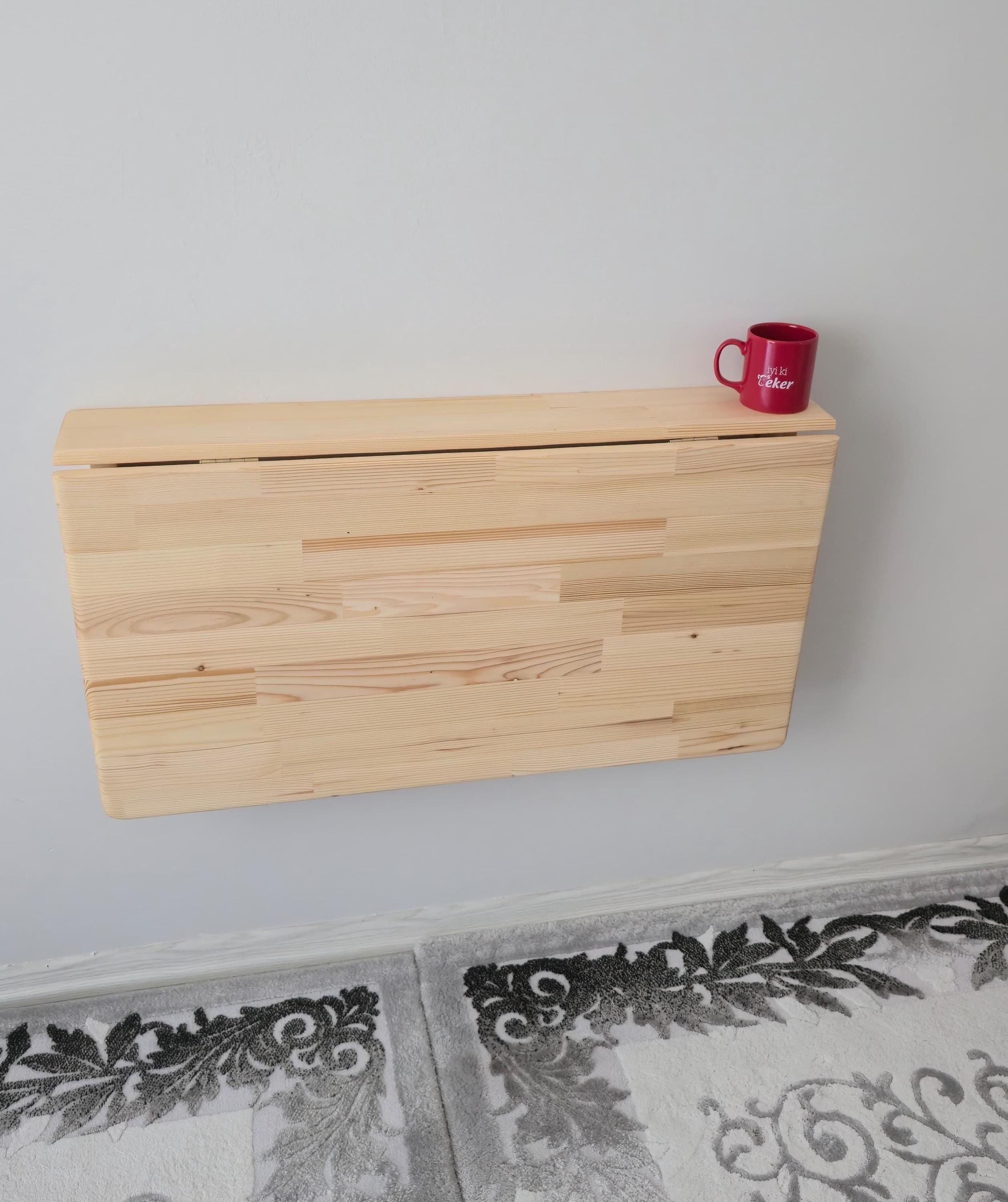 Wall Mounted Natural Wood Folding Table With Shelves, Space Saving ...