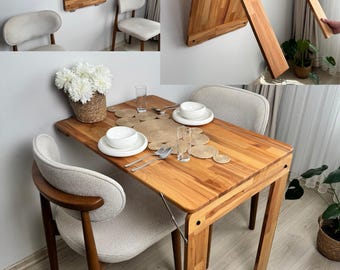 Wall-Mounted Folding Natural Wood Dining Table, Frame-Designed Wooden Murphy Table, Small Space Folding Kitchen Table, Work Desk