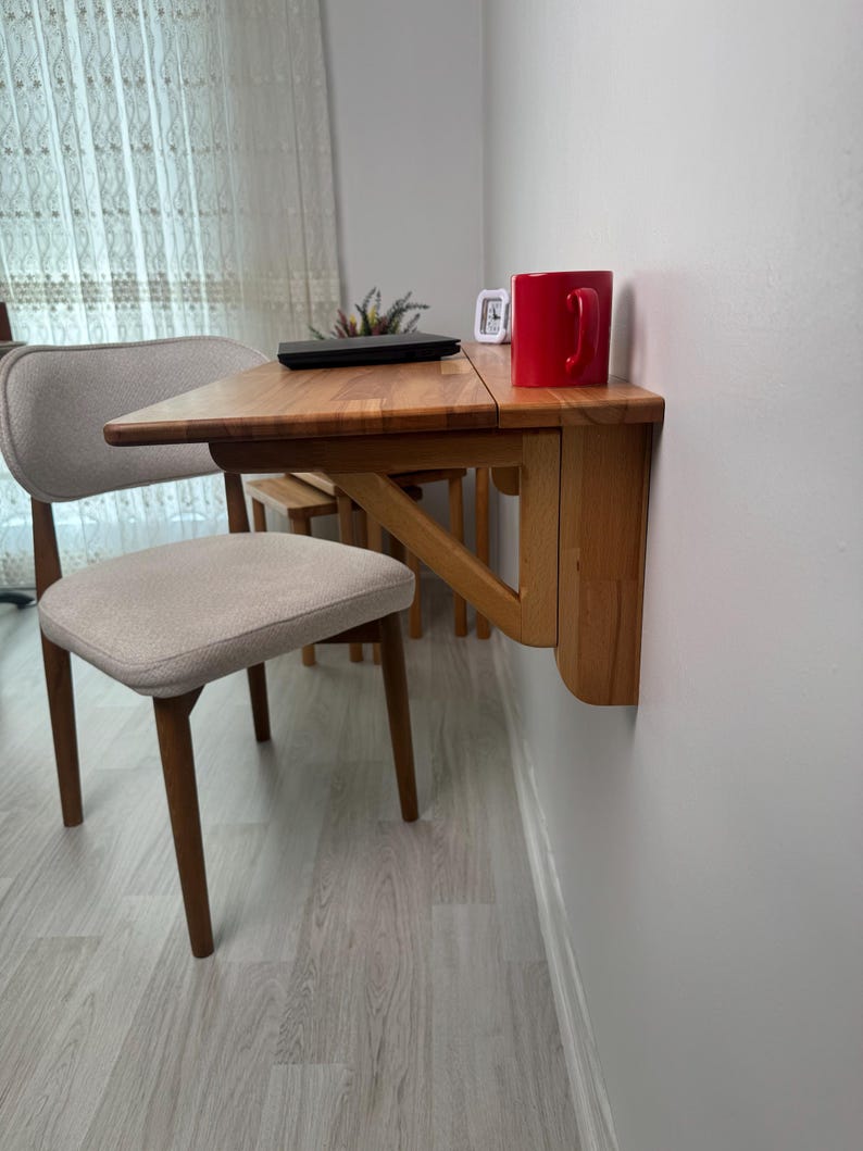 Handmade Natural Wood Wall Mounted Folding Table, Murphy Wall Table, Custom Size Option Folding Study Table, Folding Kitchen Table image 11