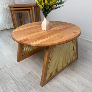 Handmade Beech Wood Round Coffee Table: Hazeran Leg, Customizable