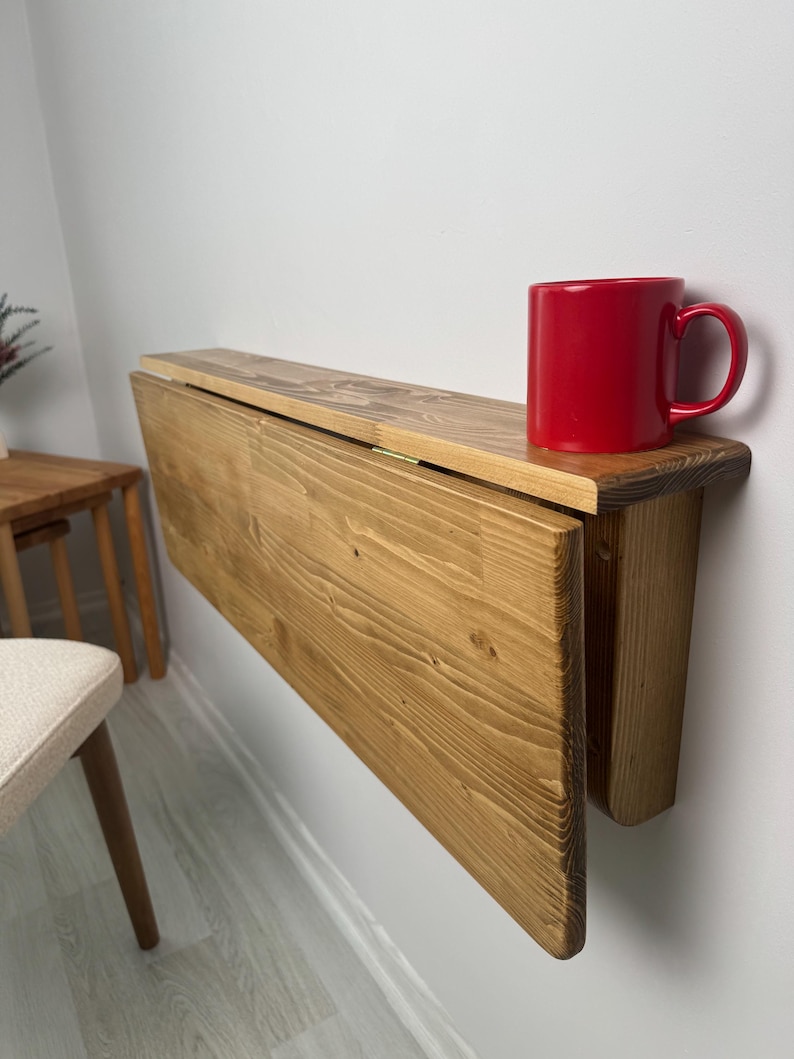Wall Mounted Natural Wood Folding Table With Shelves, Space Saving ...