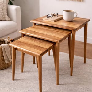 Handmade Beech Wood Nesting Table Set: Scandinavian Style Coffee Tables