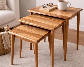 Handmade Beech Wood Nesting Table Set: Scandinavian Style Coffee Tables