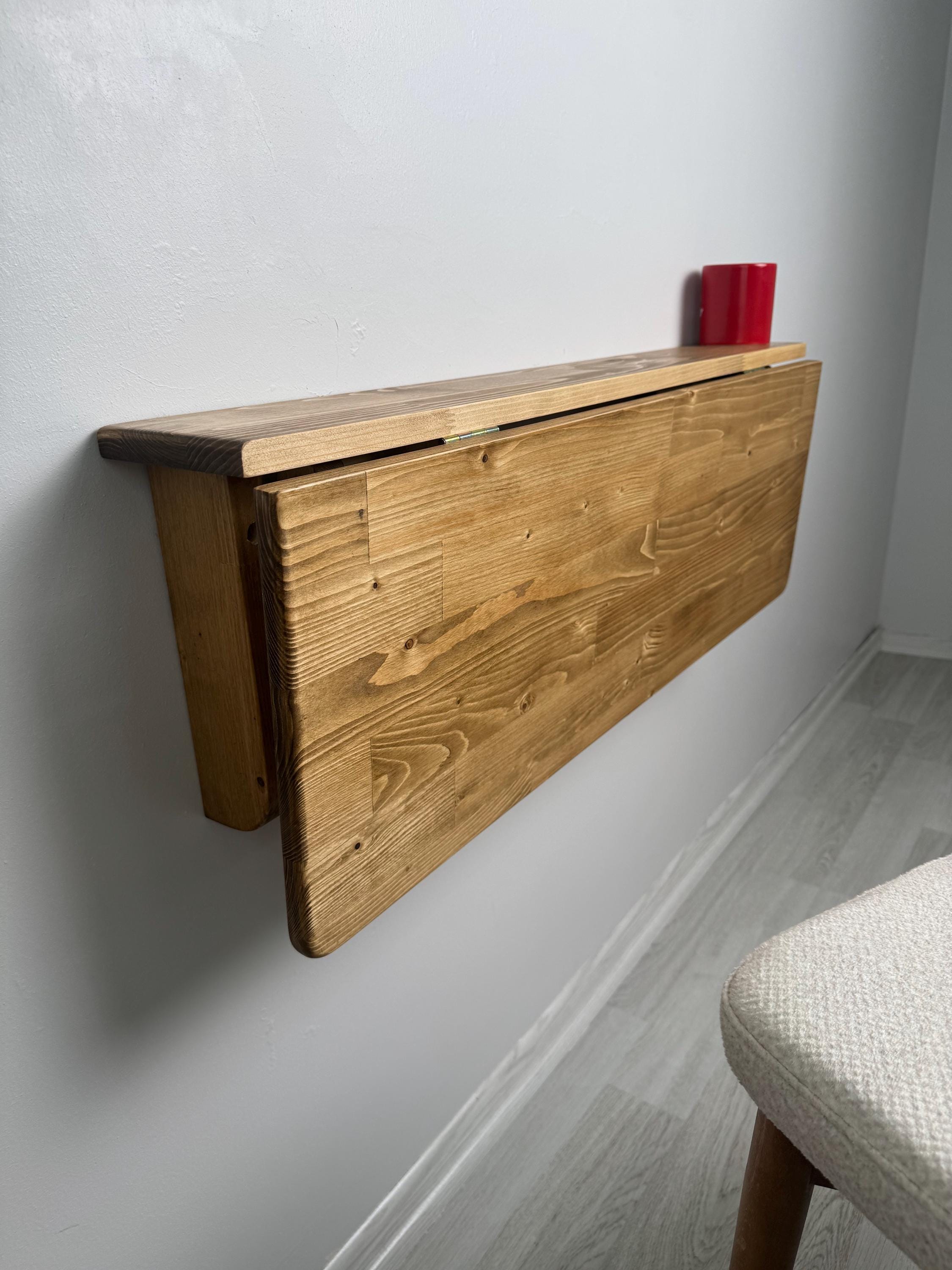 Wall Mounted Natural Wood Folding Table With Shelves, Space Saving ...