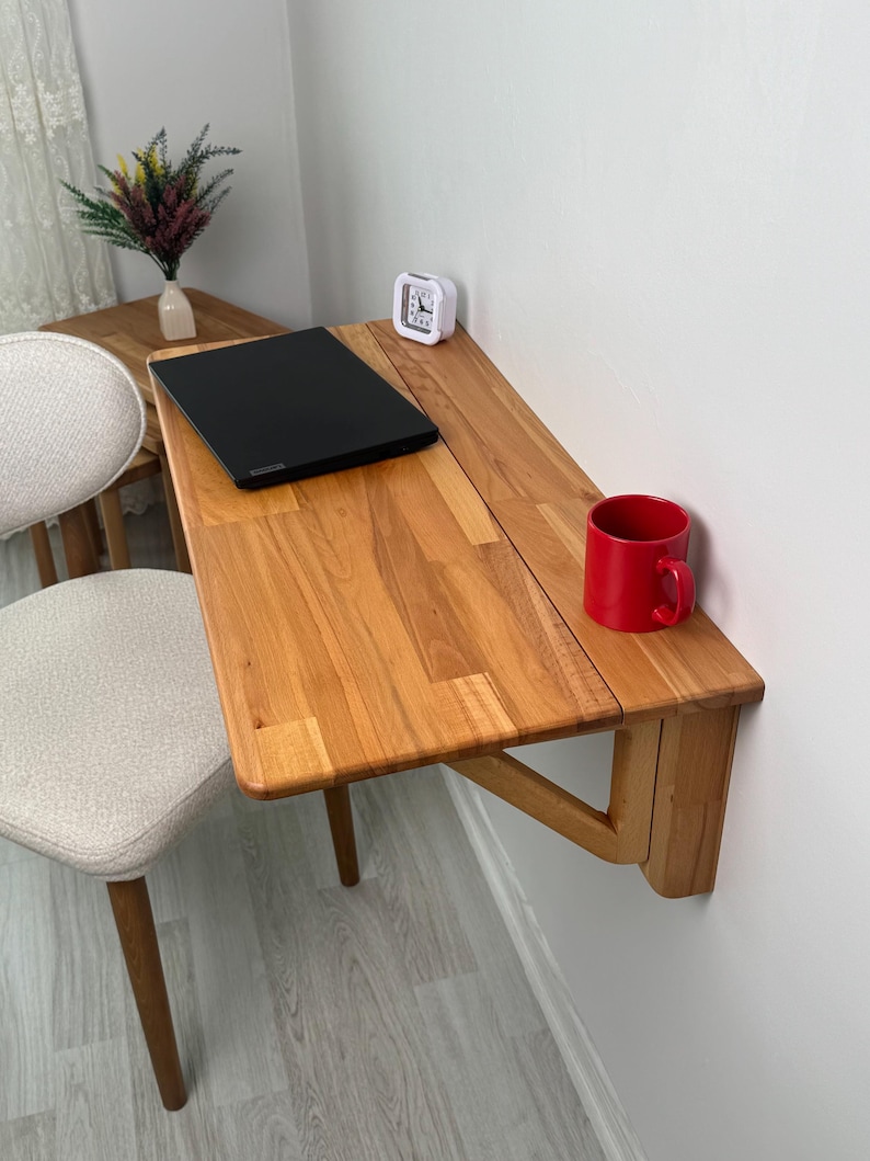 Handmade Natural Wood Wall Mounted Folding Table, Murphy Wall Table, Custom Size Option Folding Study Table, Folding Kitchen Table image 10