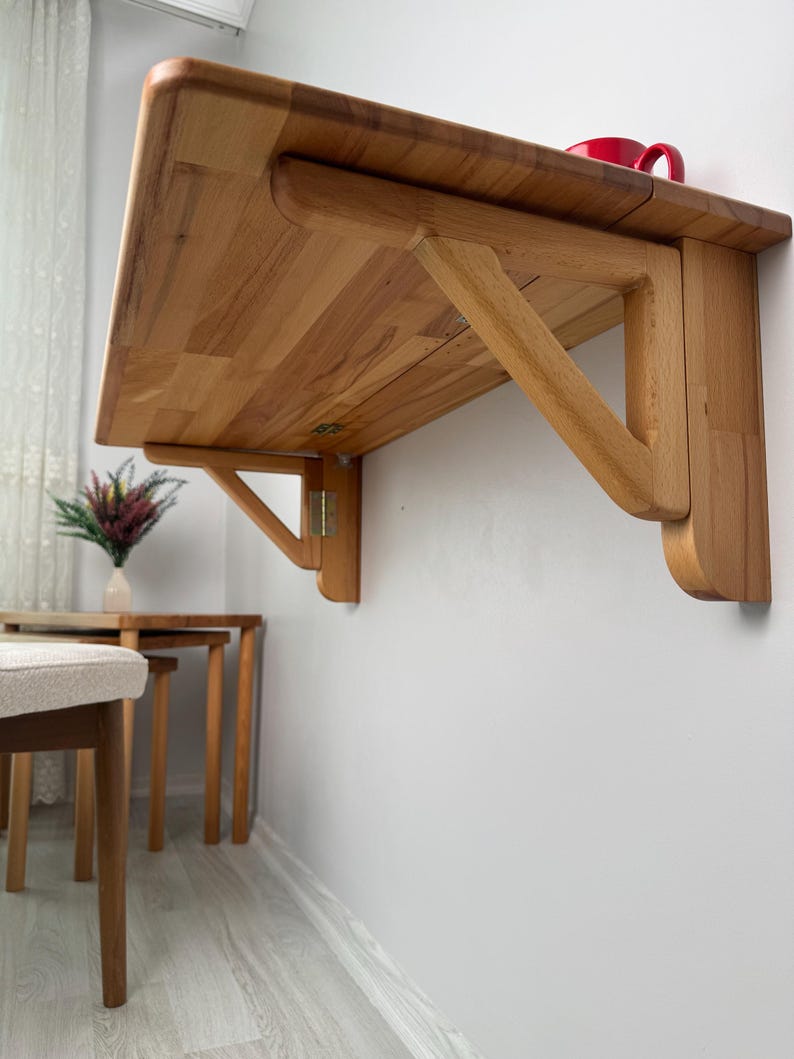 Handmade Natural Wood Wall Mounted Folding Table, Murphy Wall Table, Custom Size Option Folding Study Table, Folding Kitchen Table image 12