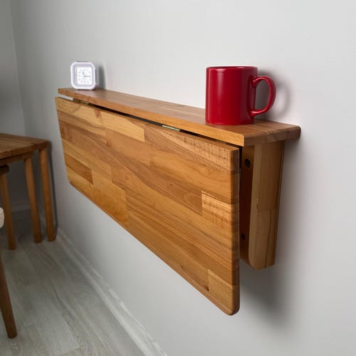 Handmade Natural Wood Wall Mounted Folding Table, Murphy Wall Table, Custom Size Option Folding Study Table, Folding Kitchen Table