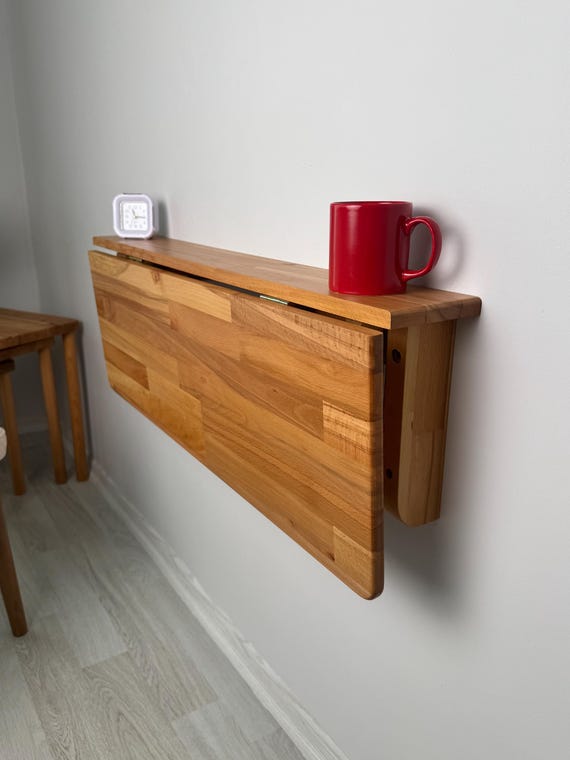 Handmade Natural Wood Wall Mounted Folding Table, Murphy Wall Table, Custom Size Option Folding Study Table, Folding Kitchen Table