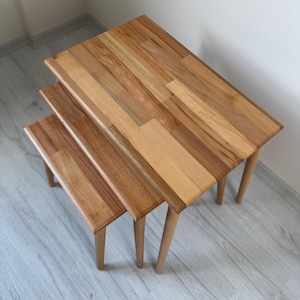 Natural Solid Wood Nesting Table Set, Handmade Nesting Coffee Table Set, Sofa Side Table, Modern Nesting Side Tables for Living Room