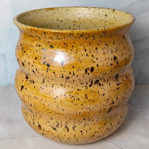 May include: A ceramic planter with a rounded, undulating silhouette and a glossy finish. The surface is a warm golden-yellow hue, densely covered with small, dark brown speckles that create a textured appearance across the entire exterior.