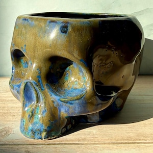 Handmade Ceramic Skull Planter – Cobalt Crystalline Gothic Home Decor Pot