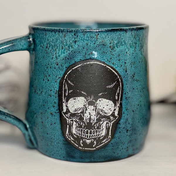 Teal Three Skulls Coffee Mug - Handmade Ceramics - 14 OZ