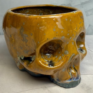 Brown Crystalline Skull Planter – Handmade Ceramic Plant Pot, Gothic Home Decor