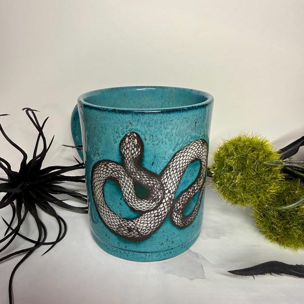 Teal Snake Coffee Mug - Handmade Pottery - 10oz