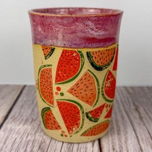 Watermelon Handmade Ceramic Tumbler  – 14 oz Stoneware Pottery Handless Cup