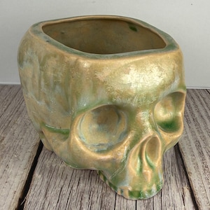 Handmade Ceramic Skull Planter – Realistic Weathered Gothic Home Decor Pot