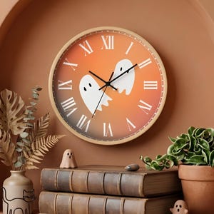 Ghost Wall Clock Halloween Decor Pastel Goth Silent Quartz Roman Numerals Spooky Season Home Room Decor White Warm Gradient Face Art