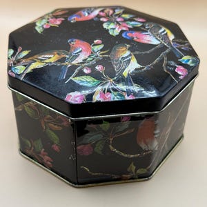 Vintage Tin Octagon Black Foral Hinged Lid with Birds Made in England
