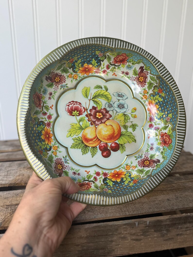 Tin Bowl Decatur Vintage Daher Tin Bowl Made in England Colorful Floral and Fruit Design ...