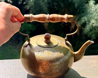 Vintage Brass Etched Tea Pot with wood handle