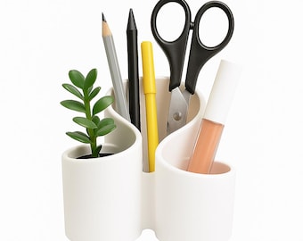 White Stone Makeup Brush Holder, 3 Slot Vanity Organizer, Minimalist Cosmetic Brush Stand, Makeup Storage, Bathroom Vanity Decor