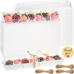 50 Pack Strawberry Boxes with Clear Lids, Disposable Macaron Boxes To Go Dessert Containers for Packaging Chocolate Covered Strawberries