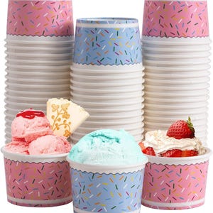 Ice Cream Cups - 100 Count - 9 oz Disposable Paper Ice Cream Sundae Bowls, Party Supplies Food Containers for Dessert Snack Frozen Yogurt