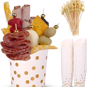 14 oz Gold Stamped Appetizer Cups with 100 Pcs Gold Pearl Skewers - Set of 50, White Paper, Cylindrical Appetizer Charcuterie Cups