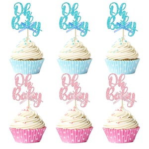 36 pcs Oh bébé décoration de cupcakes rose bleu avec paillettes pour baby shower, sexe révélateur de choix de cupcakes pour garçon ou fille thème baby shower anniversaire d'enfants