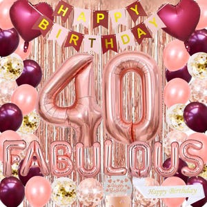 Decorazioni per il 40° compleanno, forniture per ragazze e donne, striscione di carta bordeaux e rosa "Happy Birthday", fascia per torta, coriandoli in lattice.