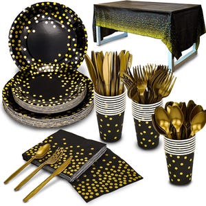 176-teiliges Gold-Einweg-Partygeschirr-Set & Golden Dot-Einweg-Partygeschirr - Schwarzer Papierteller Serviettenbecher, Gold Kunststoff