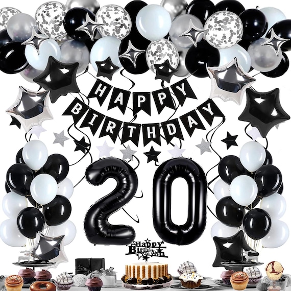 20th Birthday Decorations for Boy Girl, Black White and Silver