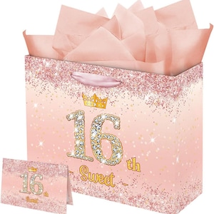 Rosegold 16. Geburtstag Geschenktüte für Mädchen, Sweet 16 Geschenke Dekorationen, 16 Jahre alte Geschenktüte Karte für Tochter, Enkelin, Freunde