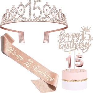 15th Birthday Gifts for Girls, 15th Birthday Tiara Crown, Sash, Cake Toppers,Birthday Candles, 15 Birthday Decorations Women