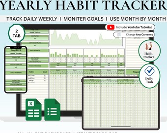 Yearly Habit Tracker Spreadsheet | Google Sheets & Excel Habit Planner | Daily Weekly Monthly Habit Tracker | ADHD Routine Planner
