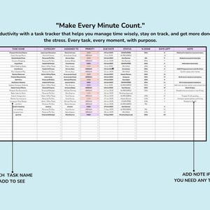 May include: A digital task tracker spreadsheet featuring columns for task name, category, assigned to, priority, due date, status, percentage done, days left, and notes. The text reads: Make Every Minute Count. Boost your productivity with a task tracker.