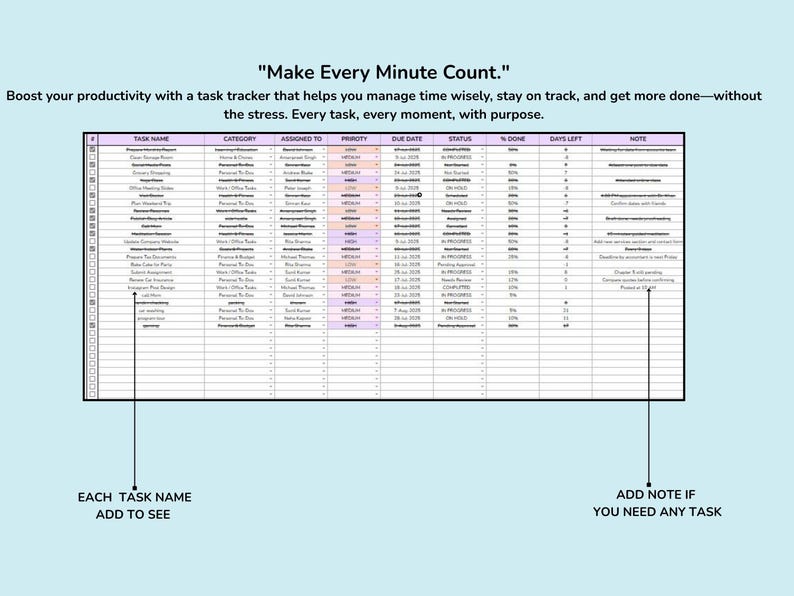 May include: A digital task tracker spreadsheet featuring columns for task name, category, assigned to, priority, due date, status, percentage done, days left, and notes. The text reads: Make Every Minute Count. Boost your productivity with a task tracker.