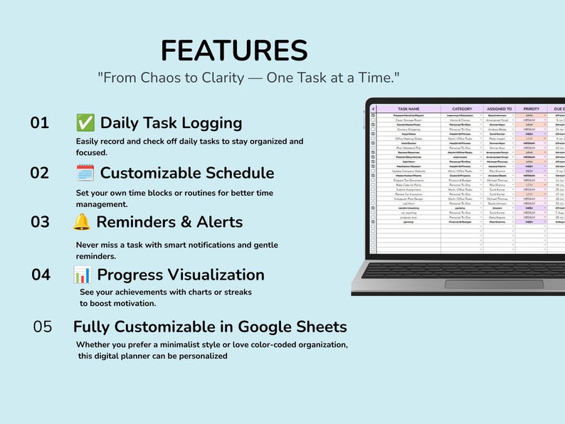 May include: A digital task management planner displayed on a laptop screen, featuring five key points: Daily Task Logging, Customizable Schedule, Reminders & Alerts, Progress Visualization, and Fully Customizable in Google Sheets. The text reads: From Chaos to Clarity &mdash; One Task at a Time.