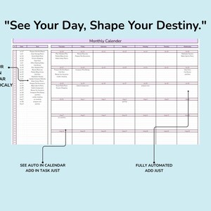 May include: A digital monthly calendar template with a light purple header and grid lines. The text reads: See Your Day, Shape Your Destiny. Monthly Calender. SEE YOUR TASK IN CALENDAR AUTOMATOCALY. SEE AUTO IN CALENDAR ADD IN TASK JUST. FULLY AUTOMATED ADD JUST.