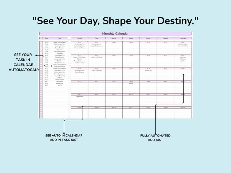 May include: A digital monthly calendar template with a light purple header and grid lines. The text reads: See Your Day, Shape Your Destiny. Monthly Calender. SEE YOUR TASK IN CALENDAR AUTOMATOCALY. SEE AUTO IN CALENDAR ADD IN TASK JUST. FULLY AUTOMATED ADD JUST.