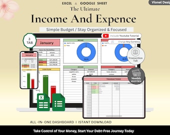 Income & Expense Tracker Spreadsheet for Personal Finance l Budget Planner for Google Sheets l Excel l  Monthly Money Management Template