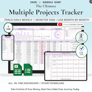 Può includere: Un tracker digitale per progetti multipli per Excel e Google Sheets con dashboard, elenchi di attività, barre di avanzamento e un calendario mensile. L'interfaccia include schede di configurazione, monitoraggio delle attività e icone.