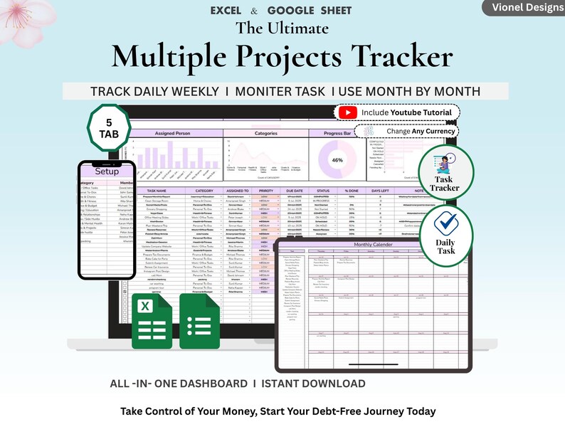 May include: A digital multiple projects tracker for Excel and Google Sheets featuring a dashboard with task lists, progress bars, and a monthly calendar. The interface includes setup tabs, task tracking, and daily task icons with text overlays.