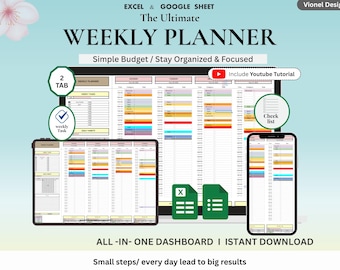 Weekly Planner Spreadsheet for Google Sheets l Excel | Task Manager, Daily Schedule & To-Do List Productivity Template