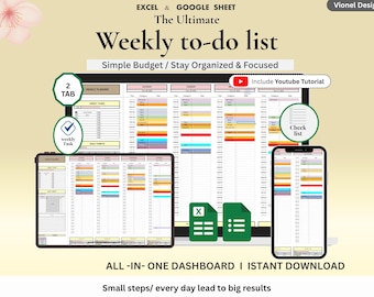 Weekly To Do List Planner Template for Google Sheets l  Excel | Productivity & Goal Tracker | Task Manager Digital Download