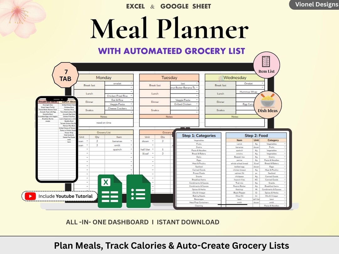 Weekly Meal Planner Google Sheets Spreadsheet Excel Recipe Journal ...