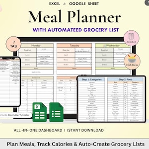 May include: Digital meal planner with automated grocery list. The design includes a tablet and smartphone displaying the planner, along with icons for item lists and dish ideas. The text reads "Plan Meals, Track Calories & Auto-Create Grocery Lists."