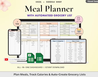 Weekly Meal Planner Google Sheets Spreadsheet Excel Recipe Journal Calorie Tracker Automatic Grocery List Weight Loss Tracker Food Inventory