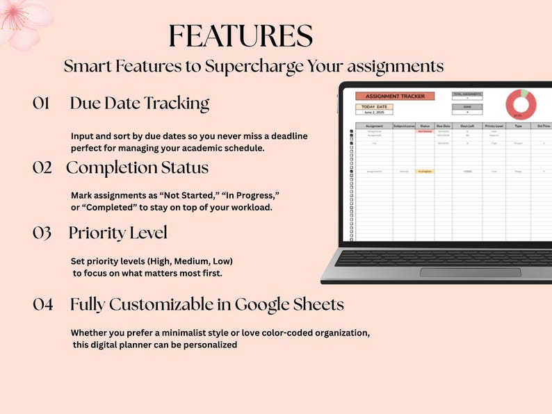 May include: A laptop screen displaying a digital planner with an assignment tracker. The image highlights features such as due date tracking, completion status, and Google Sheets customisation. The background is a soft pink. The text reads 'FEATURES' and 'Smart Features to Supercharge Your assignments'.